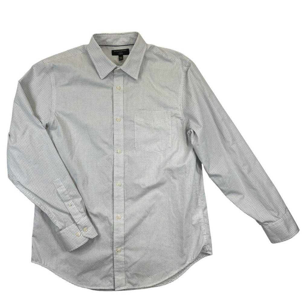Banana Republic Shirt Mens L White‎ Green Dot Pattern Button Down Long Sleeve